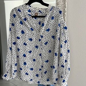 BOSS Silk White Button-Down Blouse with Black Polka Dots and Blue Floral Print